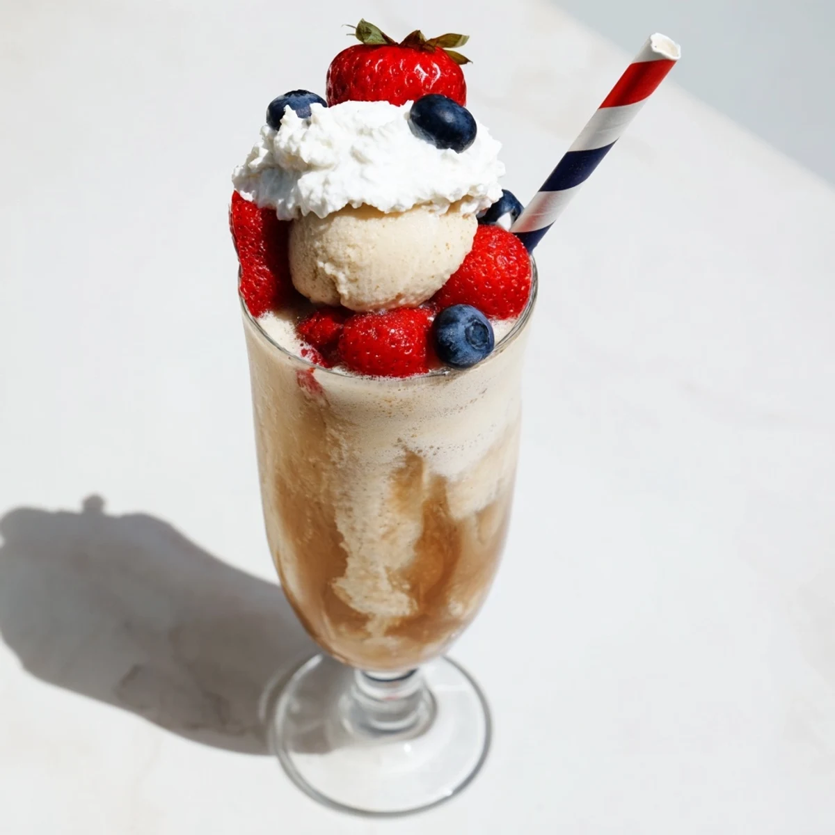 Golden Rebel ice cream floats topped with fluffy whipped cream and fresh red berries in tall glasses