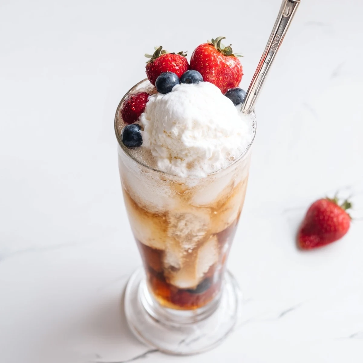 Refreshing keto ice cream floats with creamy vanilla scoops submerged in bubbly sugar-free root beer