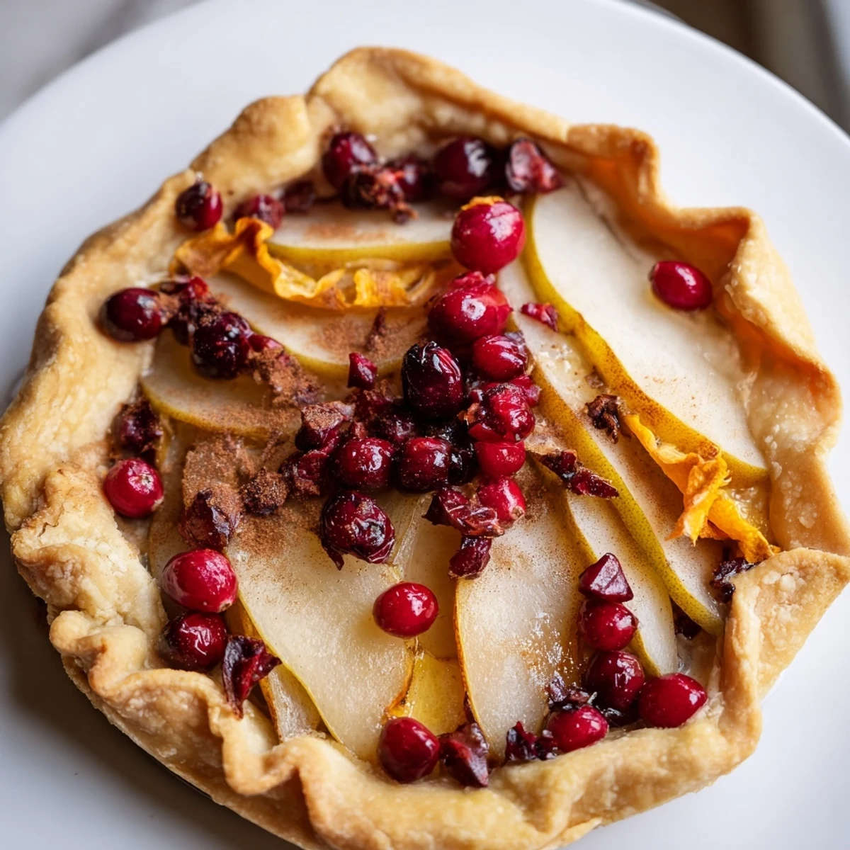 Elegant cranberry tart with pears featuring a spiced orange filling bubbling beneath a golden buttery crust