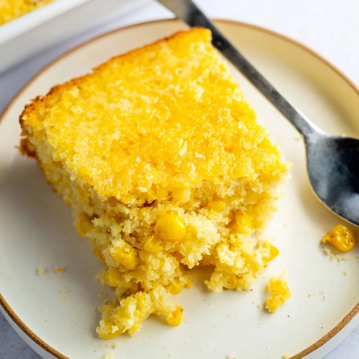 Spoonful of moist classic Jiffy corn casserole topped with golden crust and sweet corn kernels