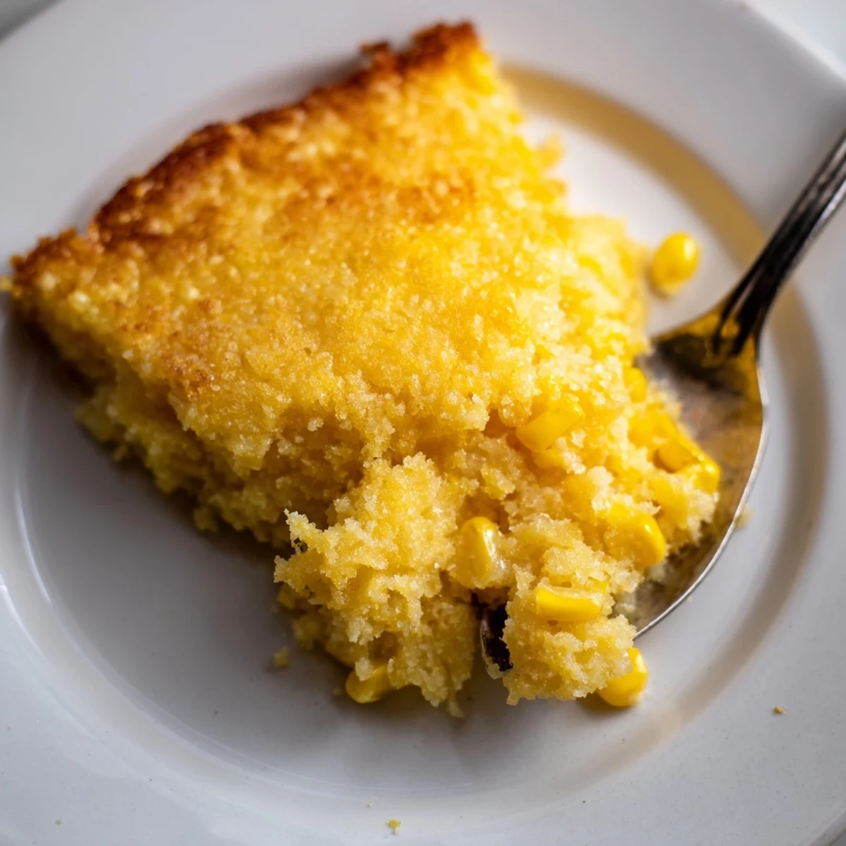 Creamy Southern-style classic Jiffy corn casserole served warm in a rustic baking dish
