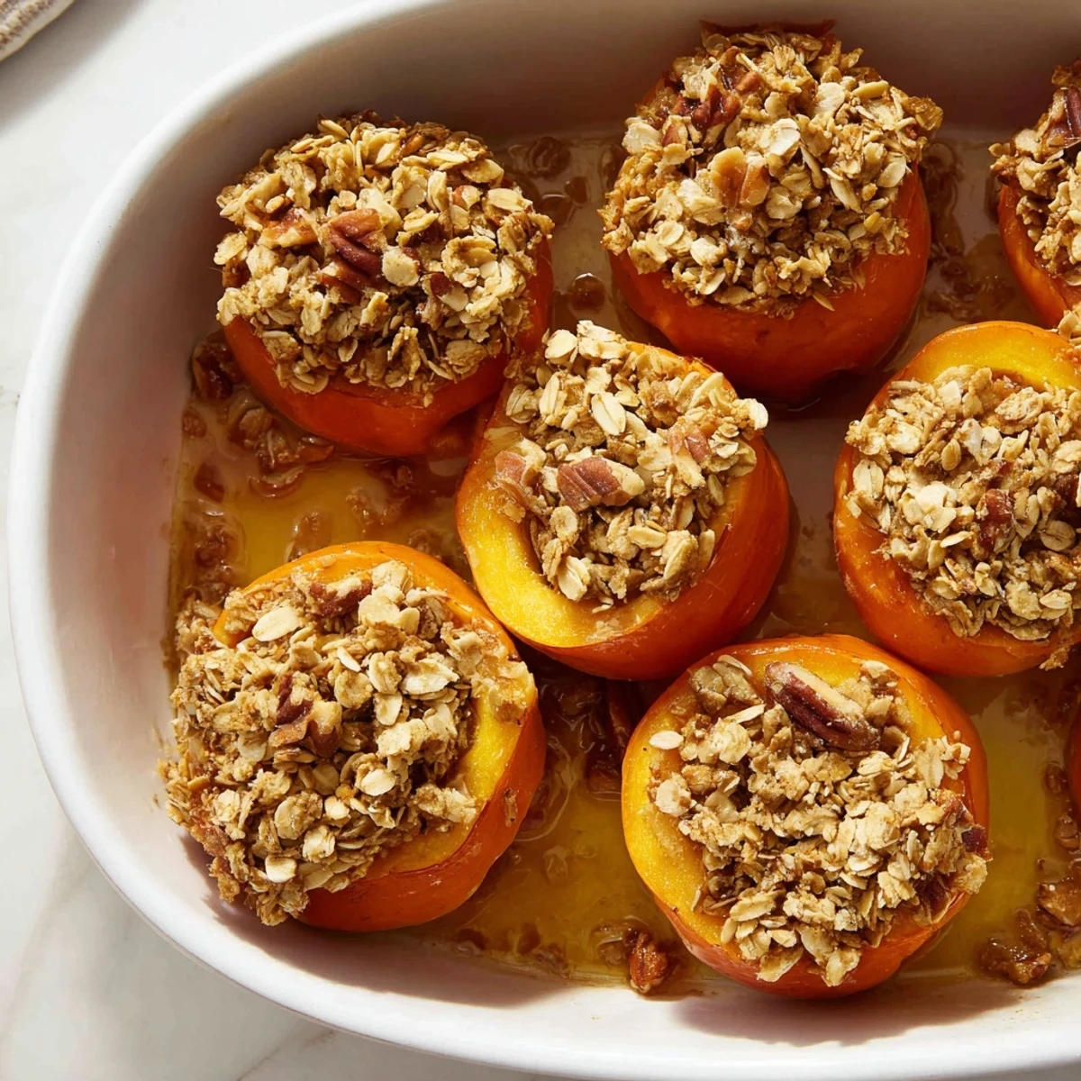 Golden baked persimmon halves topped with spiced oat crumble in a rustic baking dish