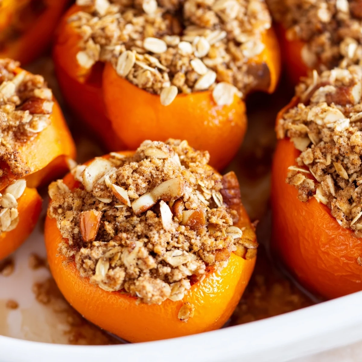 Warm persimmon dessert with crispy oat topping and walnuts fresh from the oven