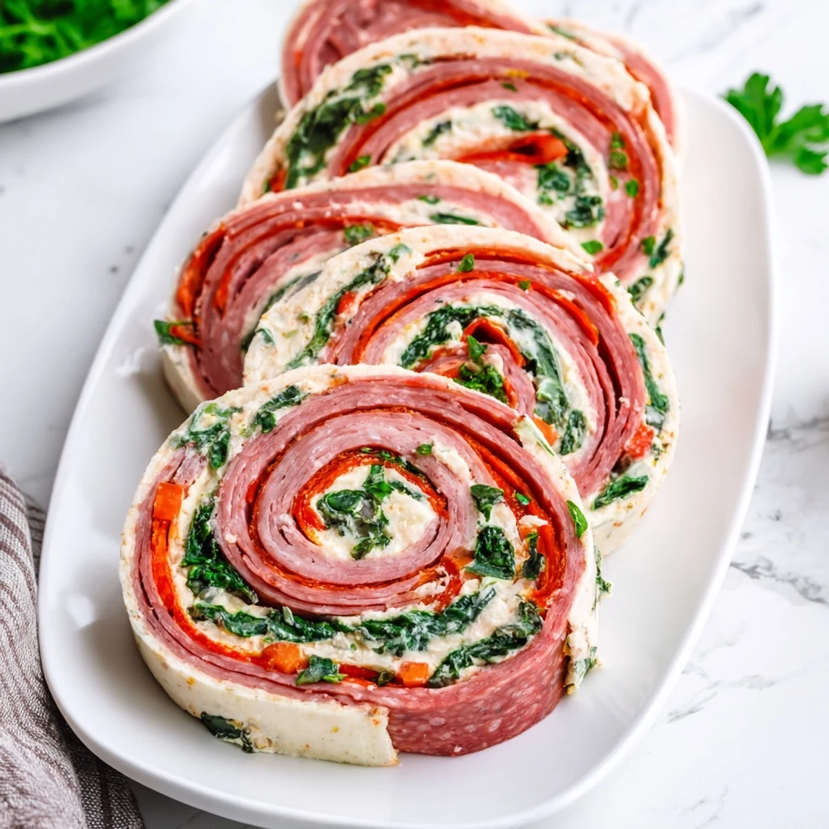 Colorful Italian pinwheels arranged on a serving platter with fresh basil garnish for easy party appetizers