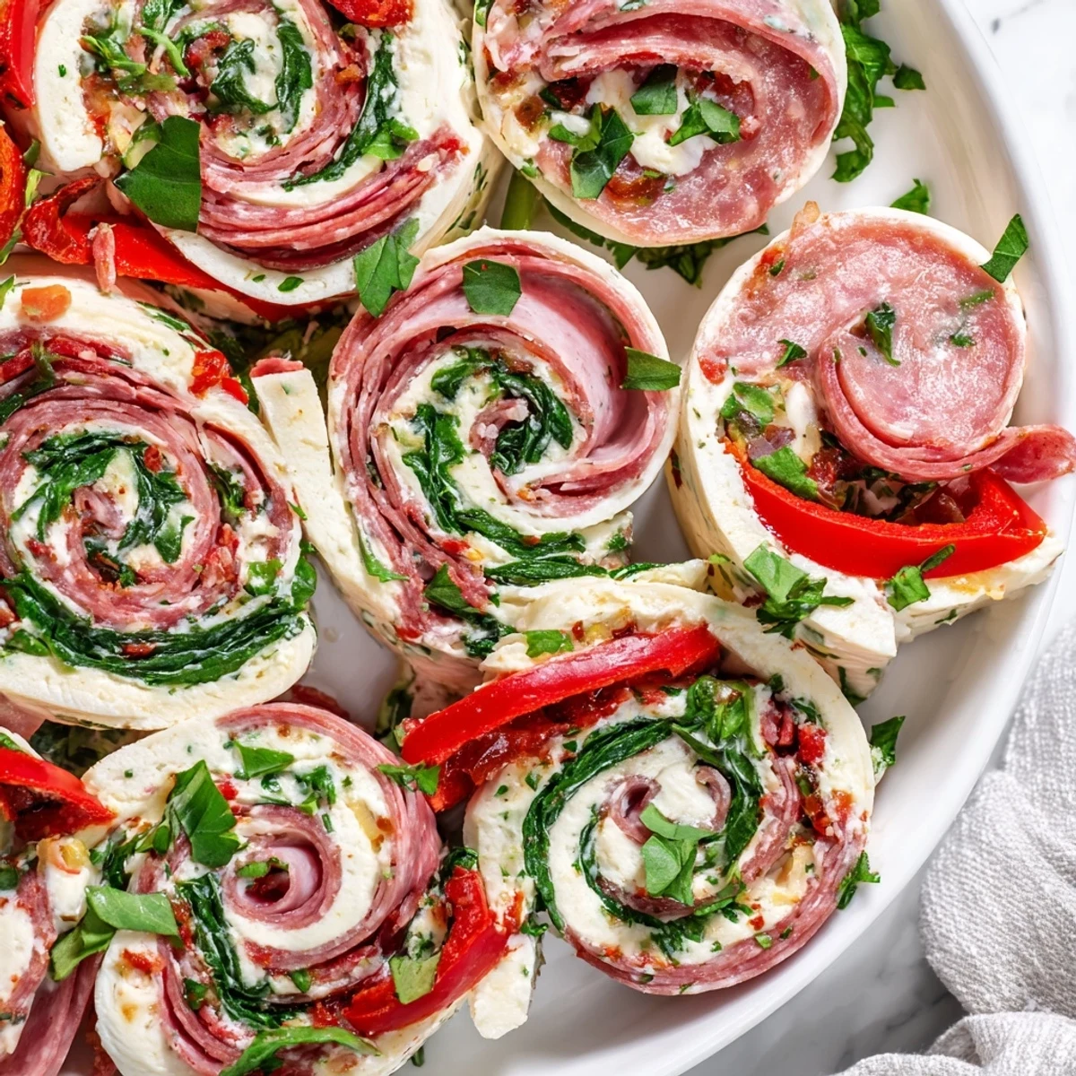 Spiral Italian pinwheels featuring layers of salami, ham, pepperoni, provolone, and roasted red peppers