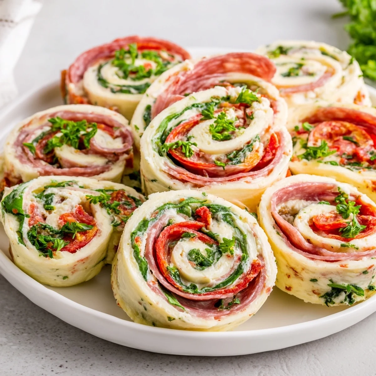 Sliced Italian pinwheels revealing cream cheese spread, deli meats, spinach, and melted provolone cheese layers