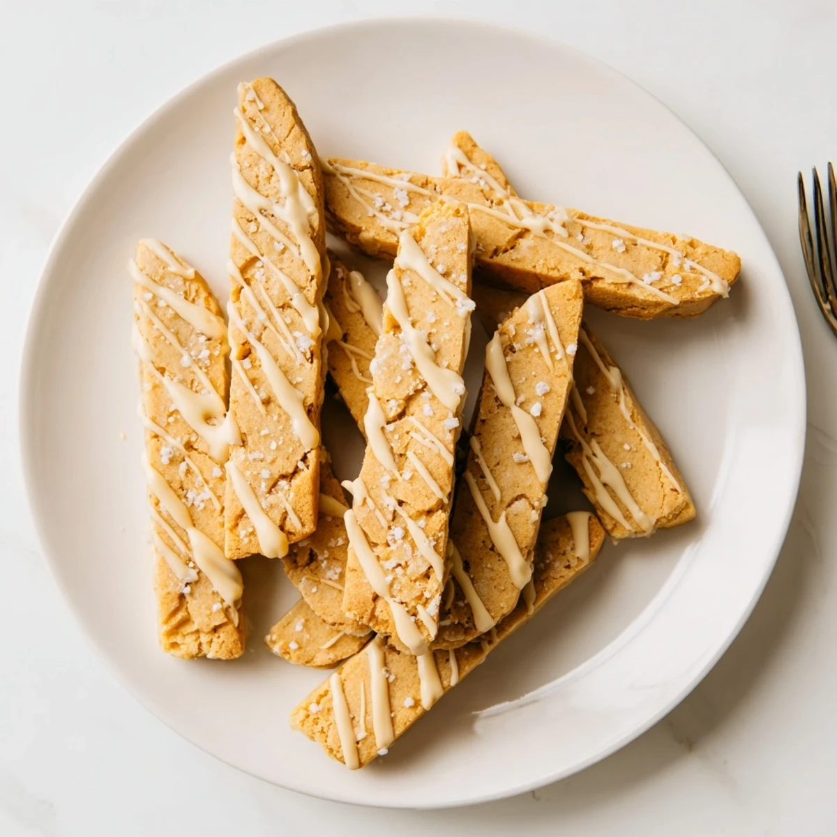 Golden sugar cookie biscotti drizzled with white chocolate on a marble baking board