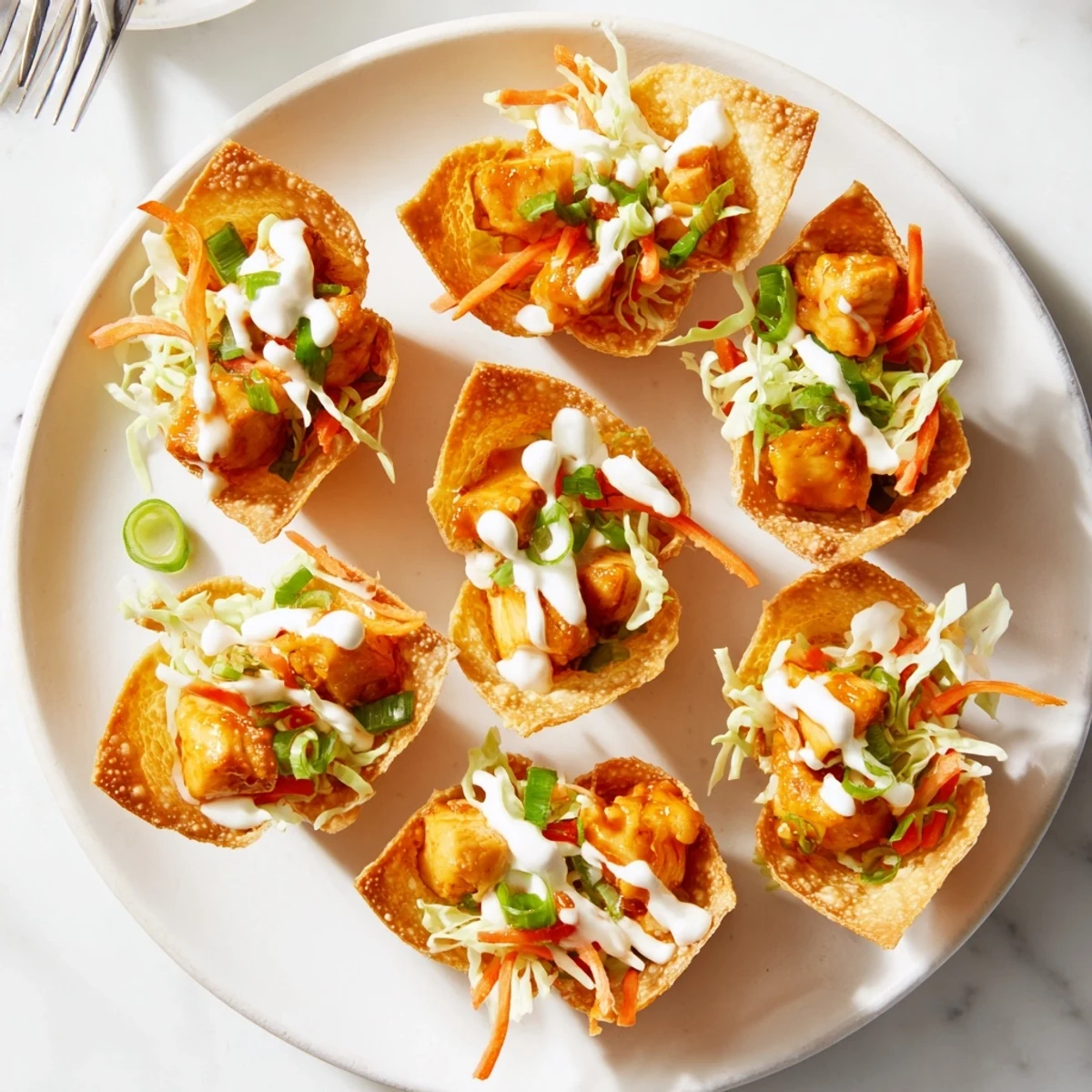 Crispy wonton taco shells topped with tender chicken, fresh cabbage slaw, and zesty Asian sauce