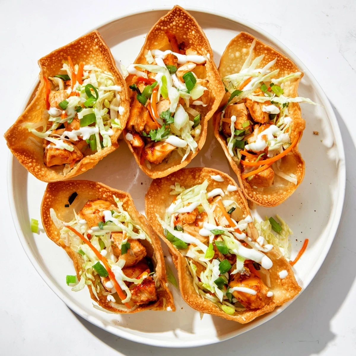 Homemade crispy chicken wonton tacos drizzled with spicy mayo and topped with crunchy vegetables