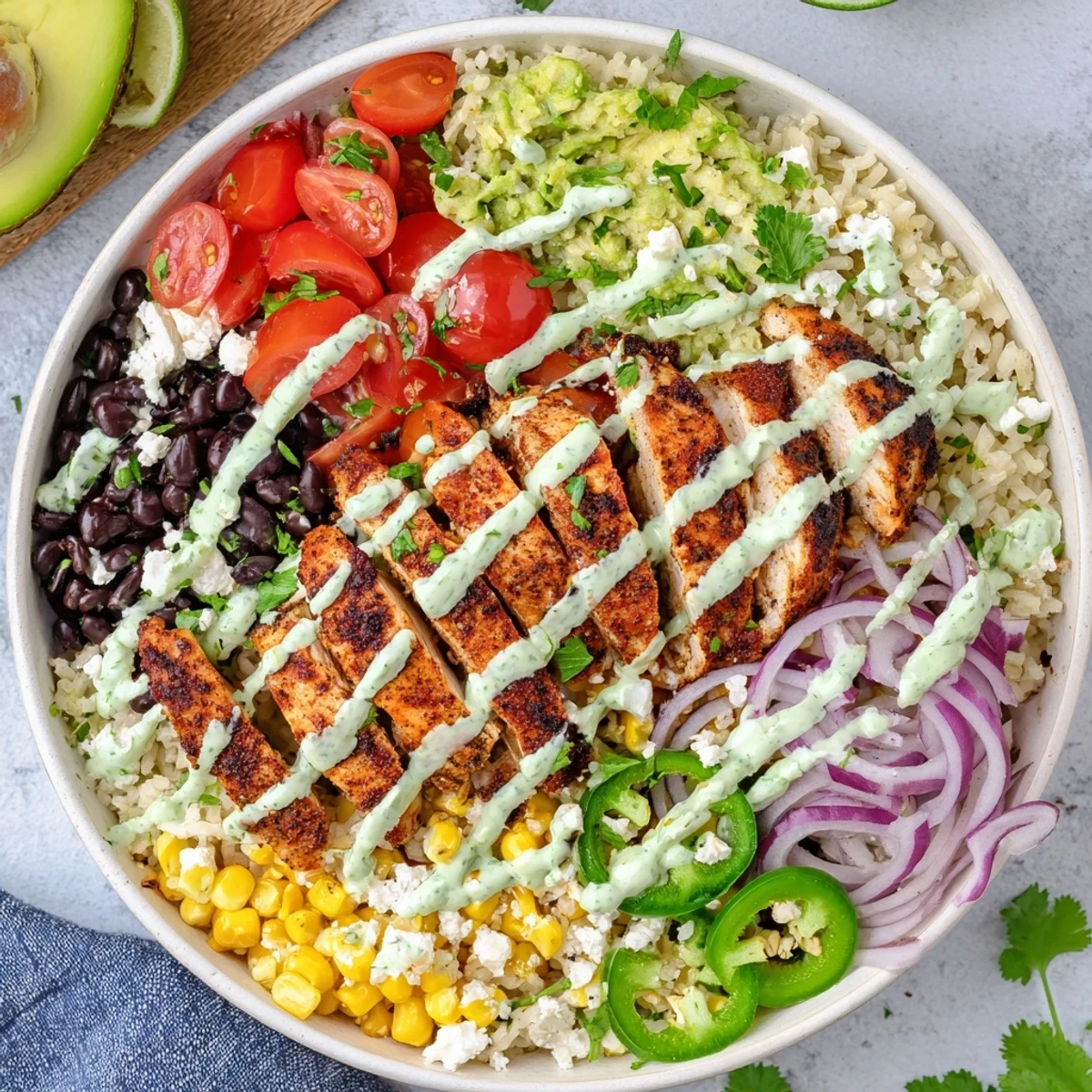Vibrant Baja style chicken bowl with grilled chicken, fresh avocado, and colorful vegetables drizzled with creamy chipotle dressing.
