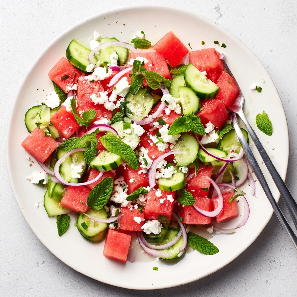 Vibrant watermelon feta salad bowl with juicy cubes, crisp cucumber, crumbled cheese and fresh mint