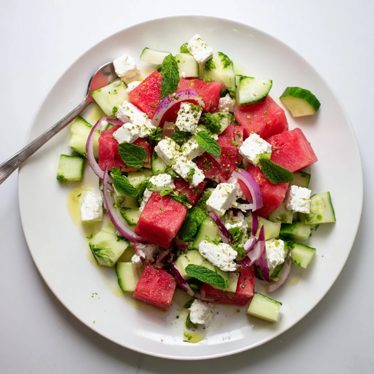 Summer watermelon feta salad featuring bright red melon, creamy white feta and green cucumber mint
