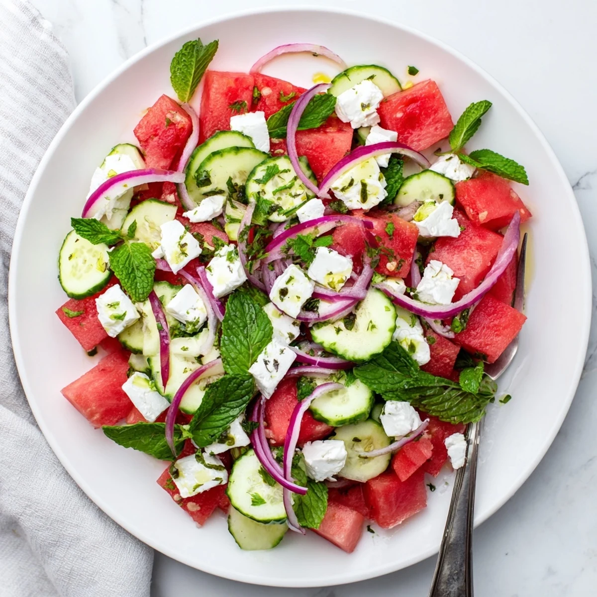 Refreshing Mediterranean watermelon feta salad with honey lime dressing drizzled over colorful fruit vegetables