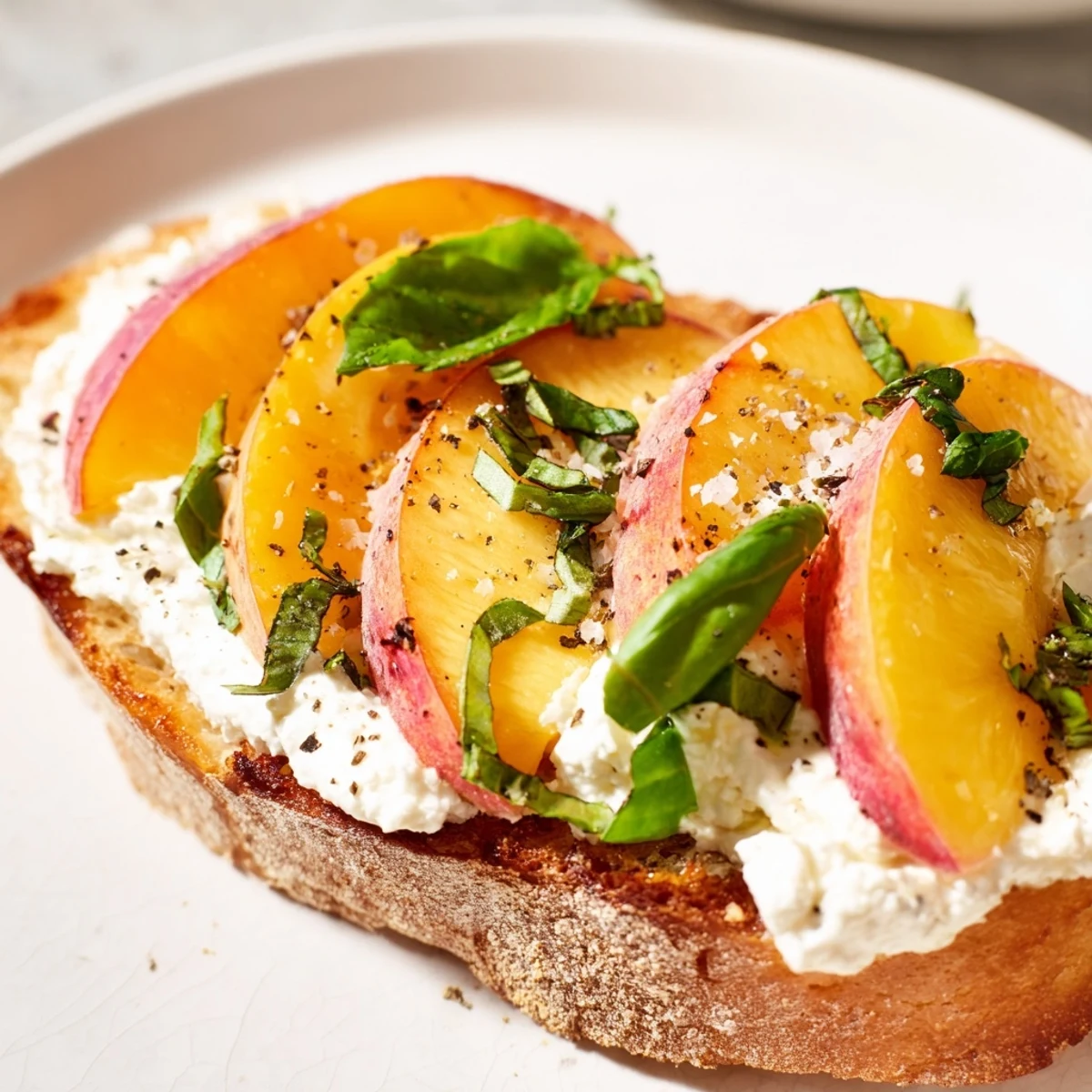 Golden toasted baguette slices topped with creamy whipped ricotta and juicy fresh peach slices