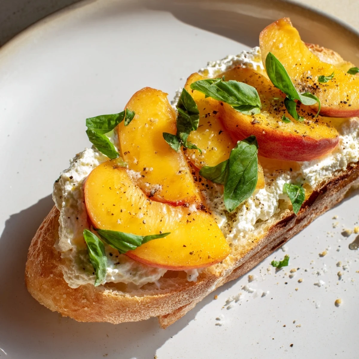 Summer appetizer featuring rustic bread spread with fluffy ricotta topped with ripe peaches and basil