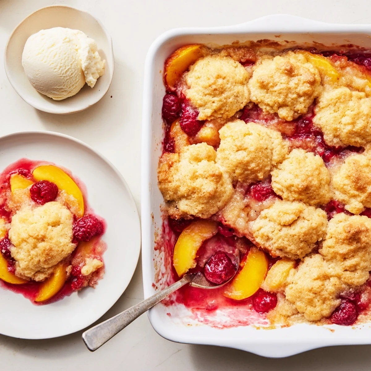 Golden peach and raspberry cobbler topped with buttery biscuits served warm with vanilla ice cream