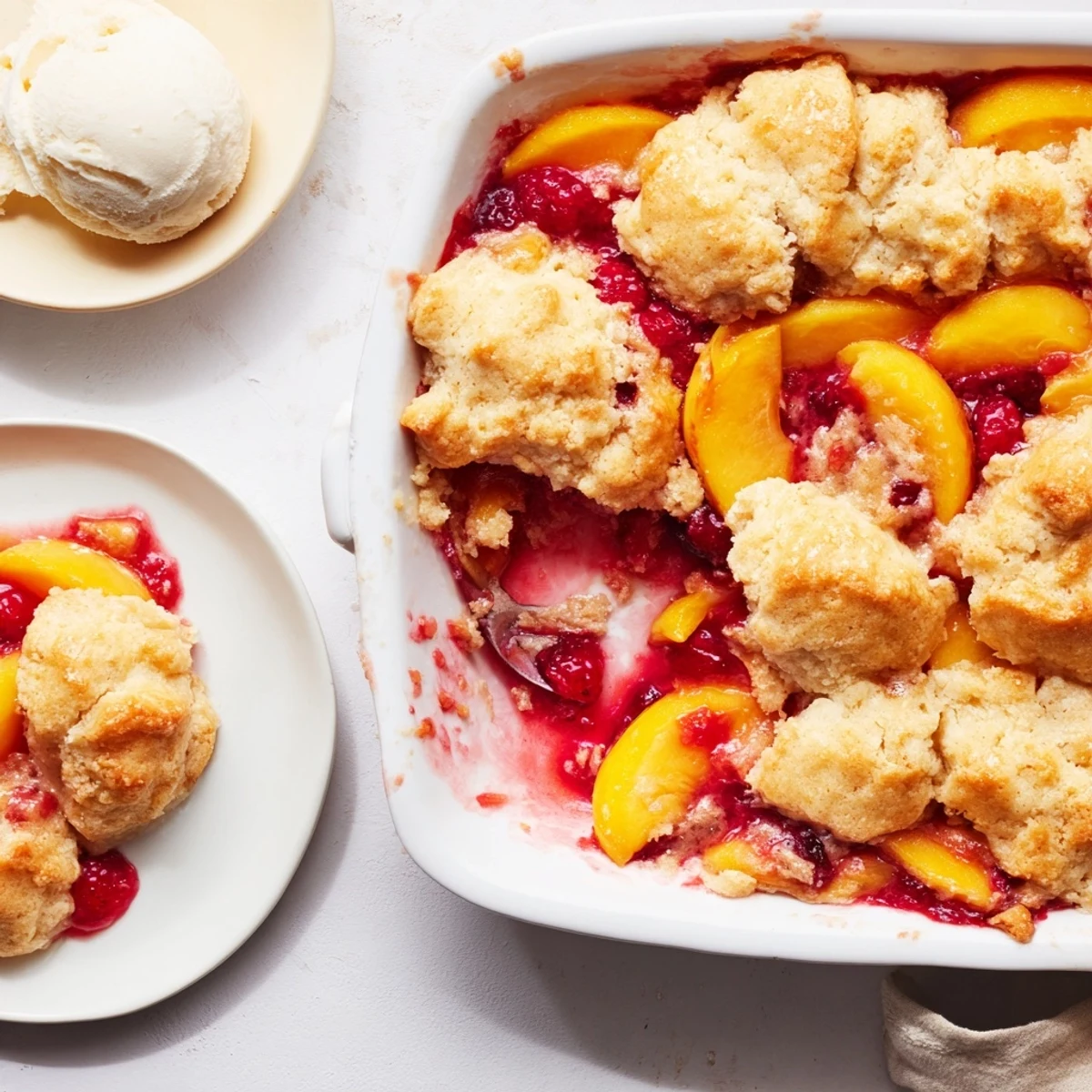 Fresh summer peach and raspberry cobbler bubbling beneath golden brown biscuit topping in a baking dish