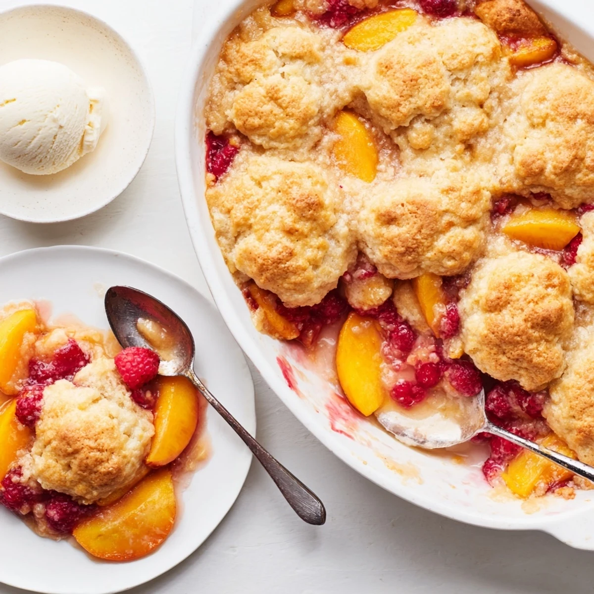 Rustic peach and raspberry cobbler with sweet fruit filling and flaky golden baked biscuit crust