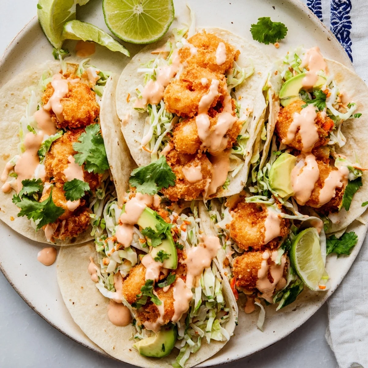 Golden crispy Bang Bang shrimp tacos loaded with colorful slaw and creamy spicy sauce drizzle