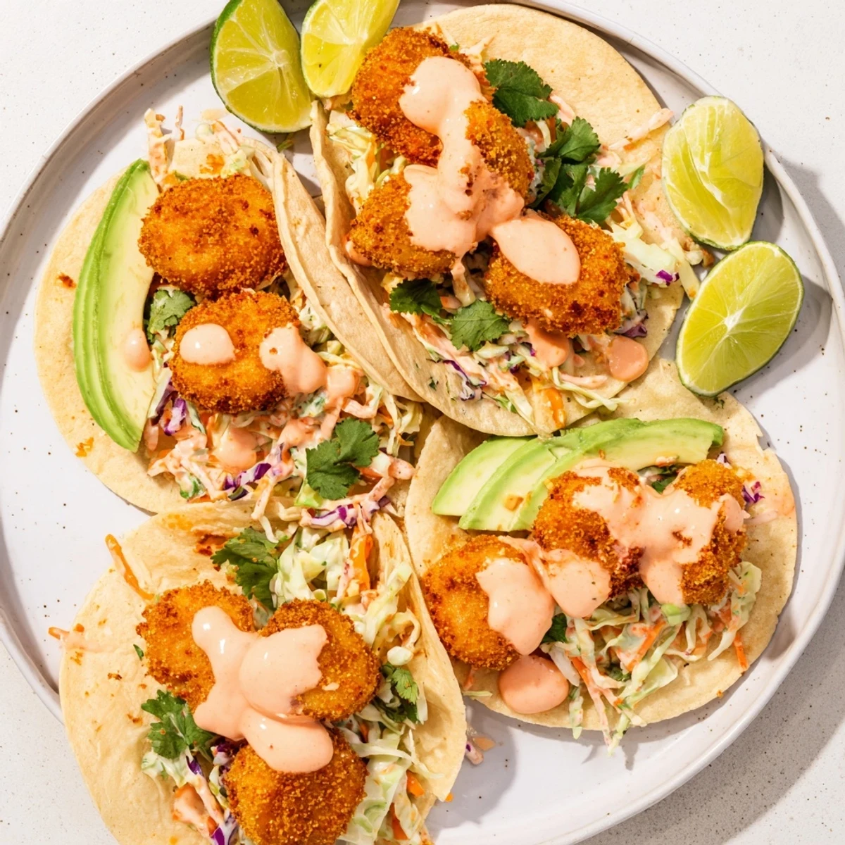 Homemade Bang Bang shrimp tacos featuring crispy fried shrimp tangy sauce and vibrant vegetable toppings