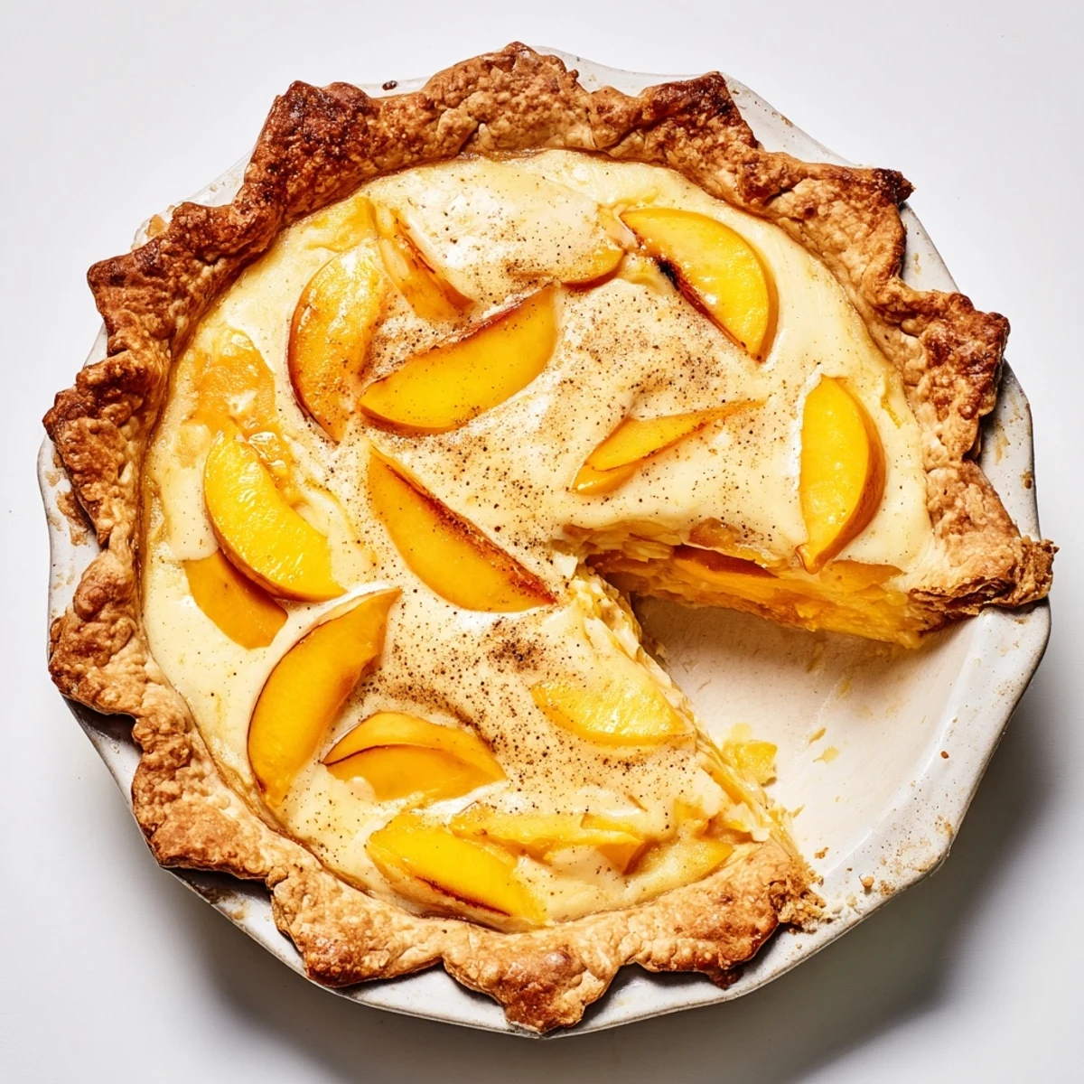 Golden peach custard pie featuring fresh sliced peaches in silky vanilla custard atop a flaky baked crust