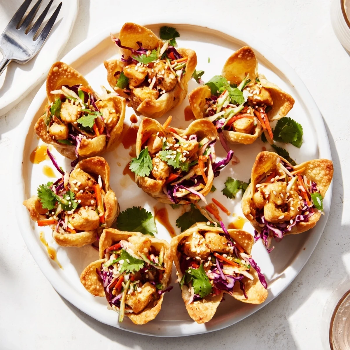 Homemade crispy chicken wonton tacos garnished with fresh cilantro and vibrant purple green cabbage mix
