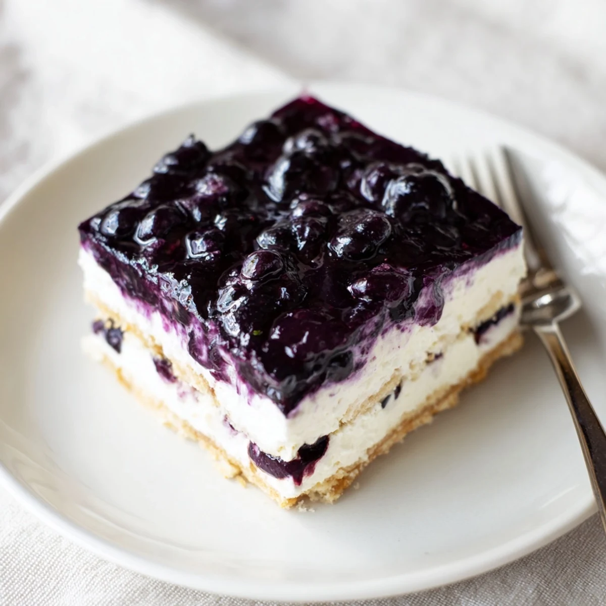 Golden pecan crust layered with creamy cheesecake and glossy sweet-tart blueberry topping in this festive blueberry jamboree dessert
