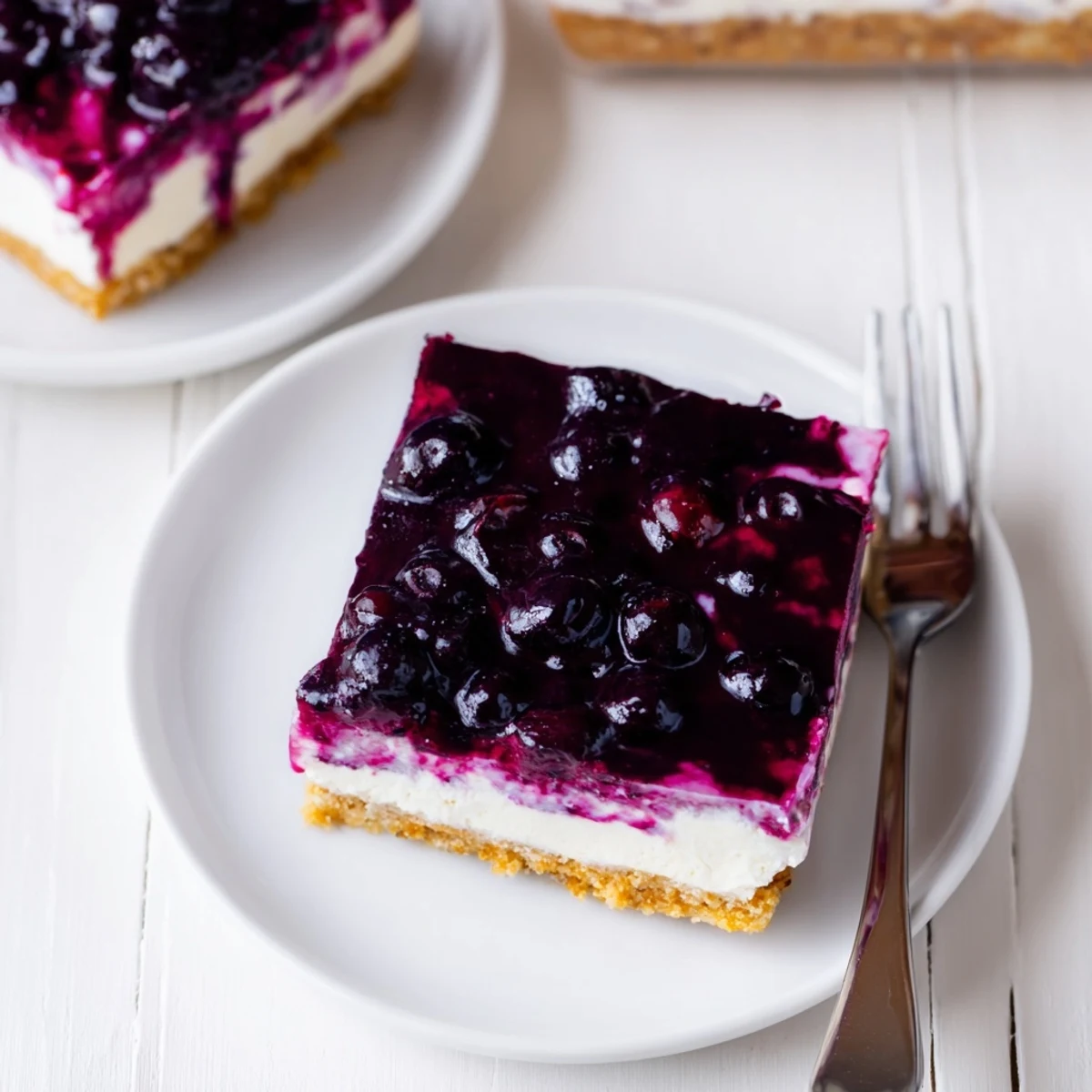 Square of blueberry jamboree bars topped with glistening blueberries on a white cheesecake layer over golden pecan crust