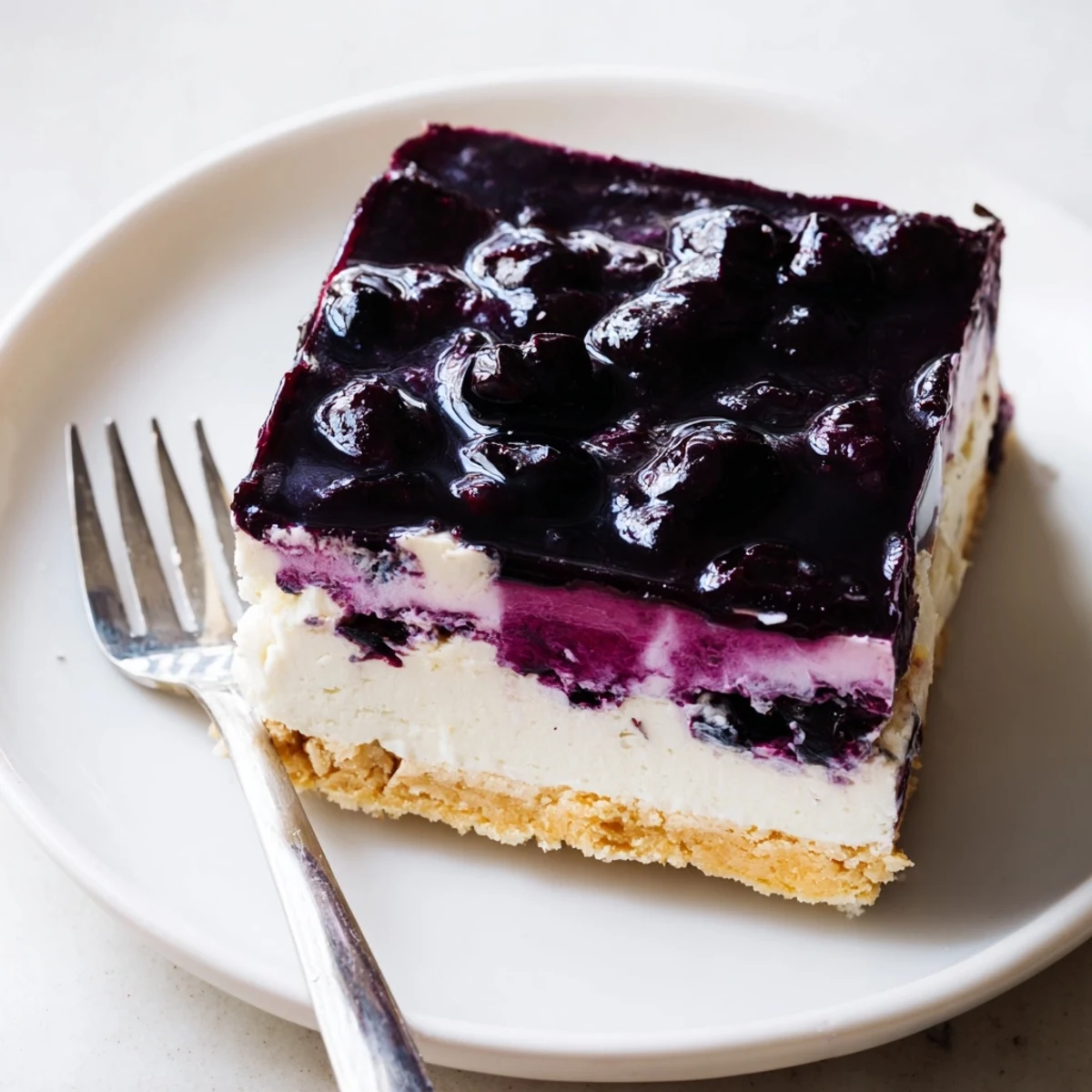 Slice of blueberry jamboree showcasing vibrant layers of buttery pecan crust, smooth cream cheese filling, and luscious blueberry compote