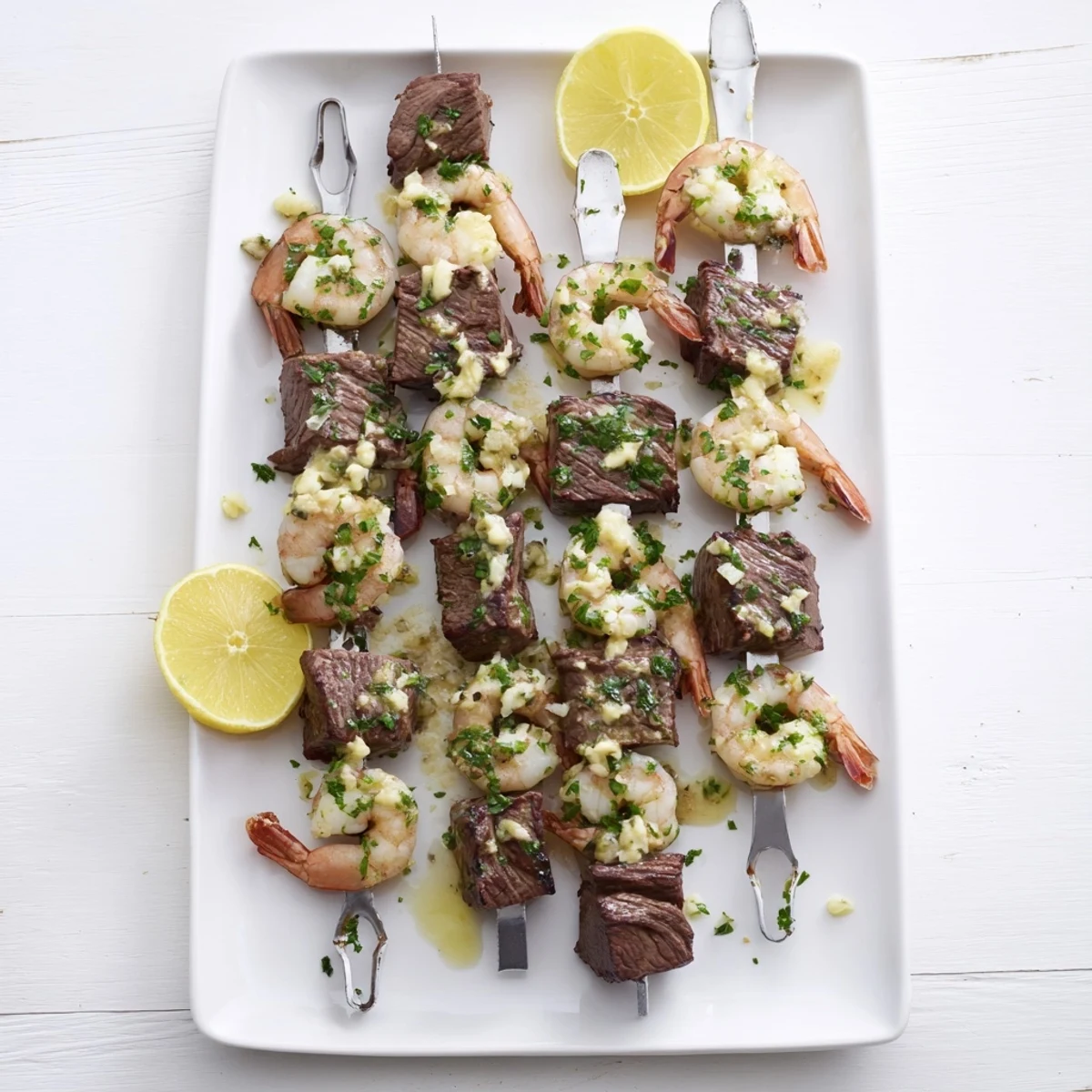 Golden grilled steak and shrimp skewers basted with melted garlic butter sauce