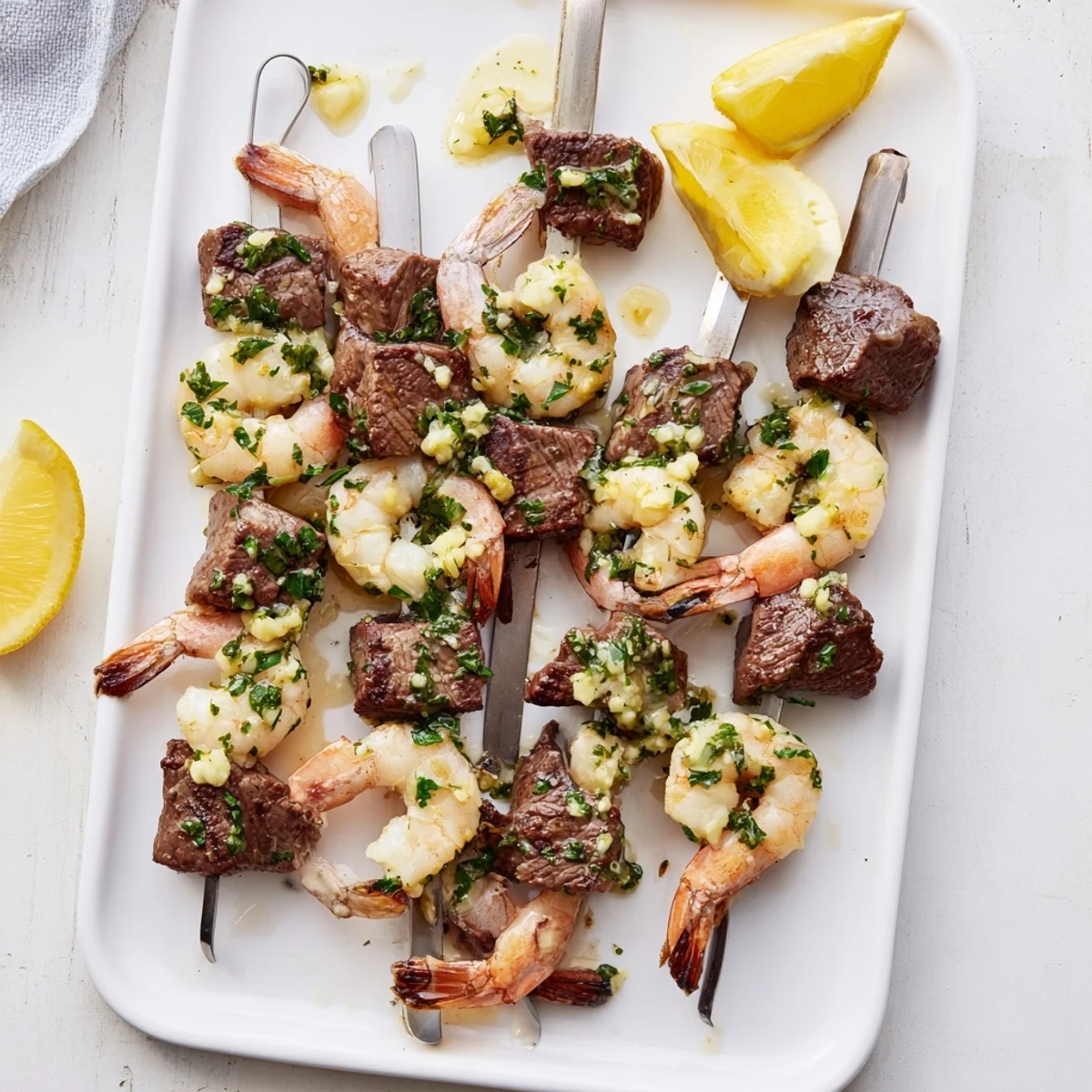 Succulent surf-and-turf skewers featuring juicy steak cubes and pink shrimp with garlic butter