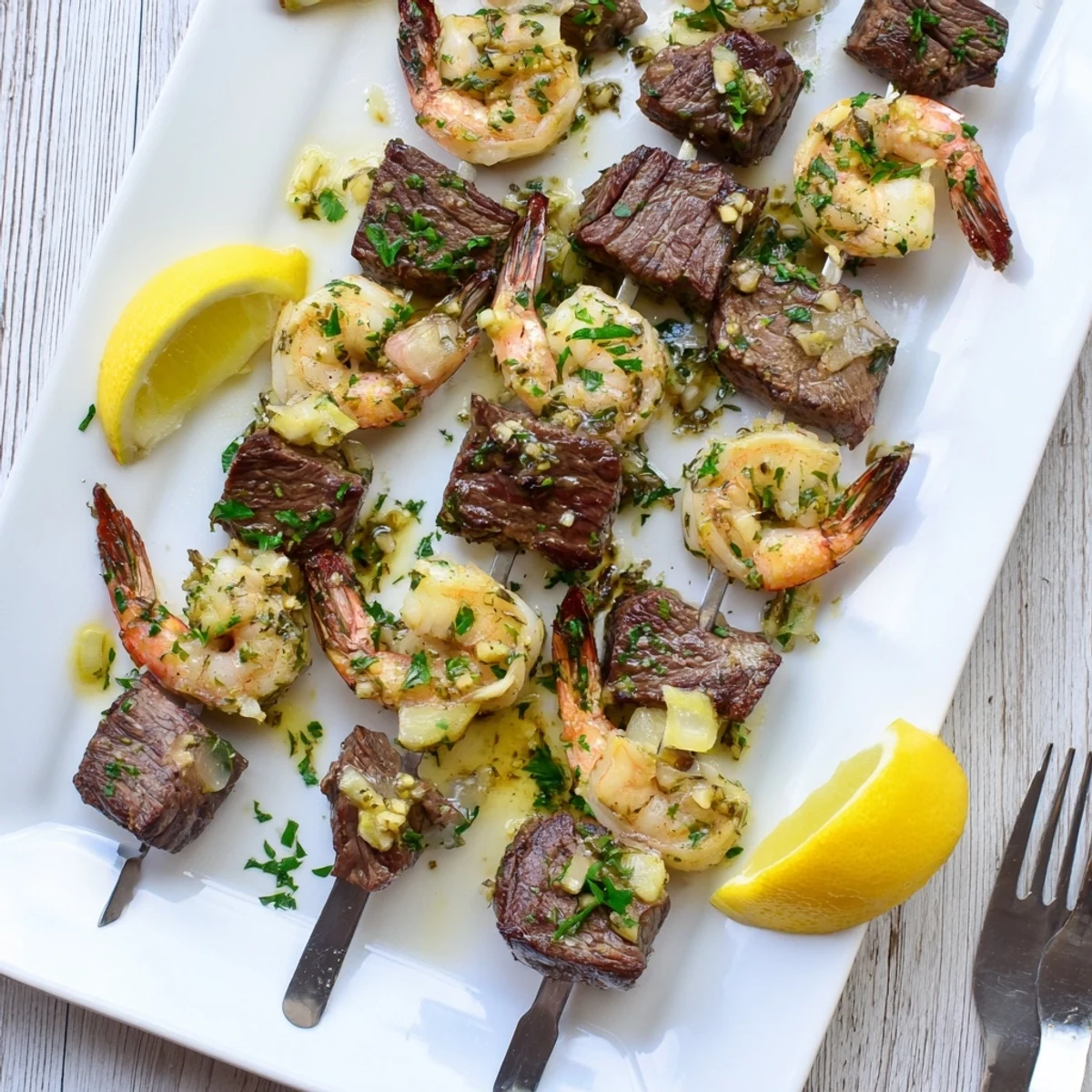 Perfectly charred steak and shrimp skewers drizzled with rich parsley garlic butter sauce