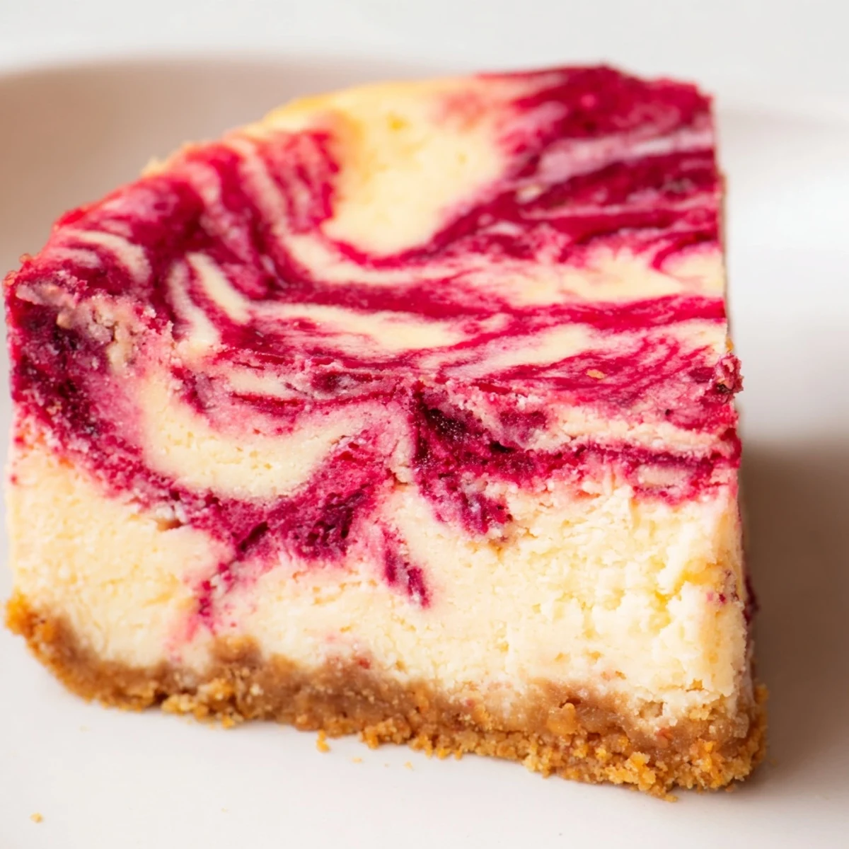 Creamy raspberry cheesecake slice with vibrant berry swirl and golden graham cracker crust