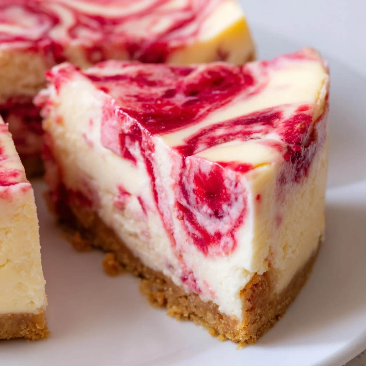 White plate showcasing velvety raspberry cheesecake topped with fresh red berries