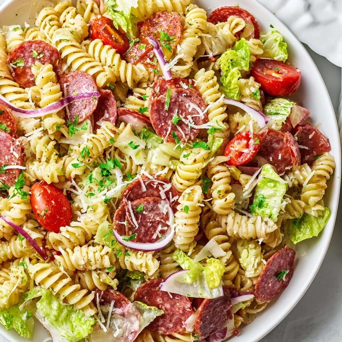 Colorful Italian Grinder Pasta Salad with salami, ham, cheese, and fresh vegetables in a creamy zesty dressing