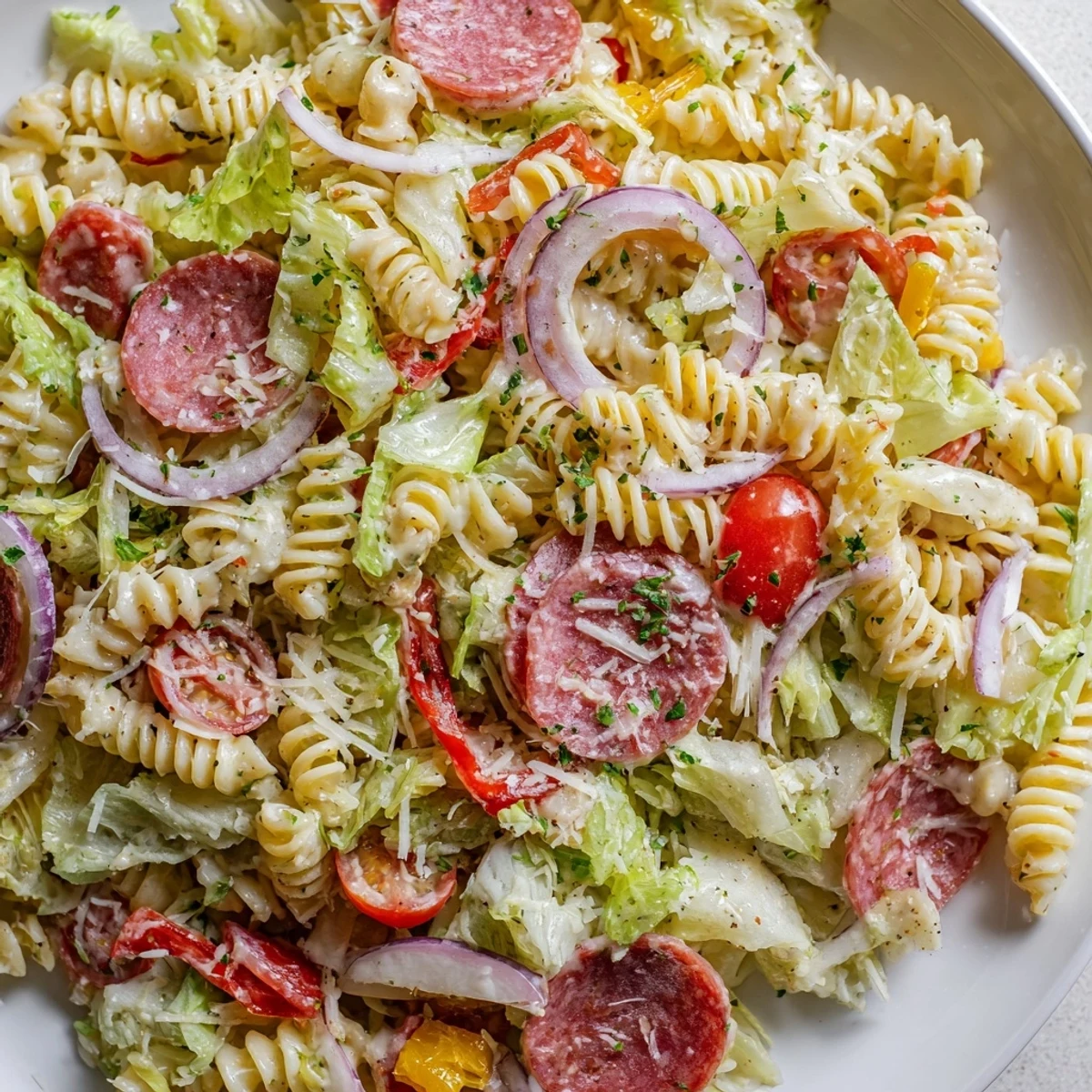 Hearty pasta salad bowl featuring rotini noodles, cured meats, provolone, and crisp cherry tomatoes tossed tangy