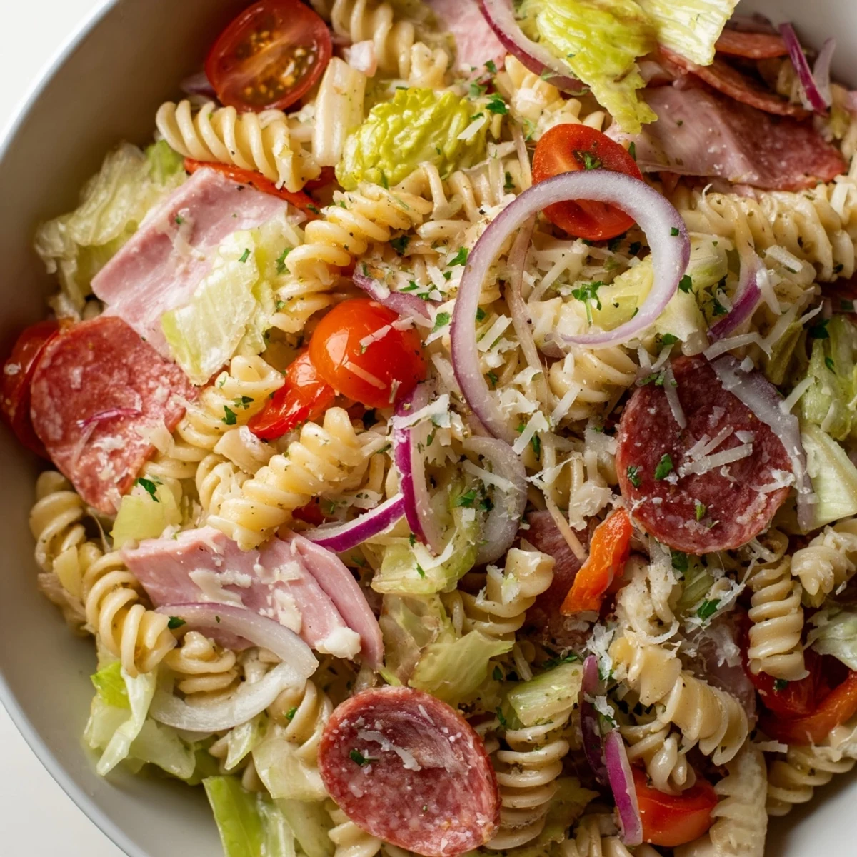 Crowd-pleasing Italian-American pasta salad with pepperoni, red peppers, lettuce, and parmesan garnish ready for serving