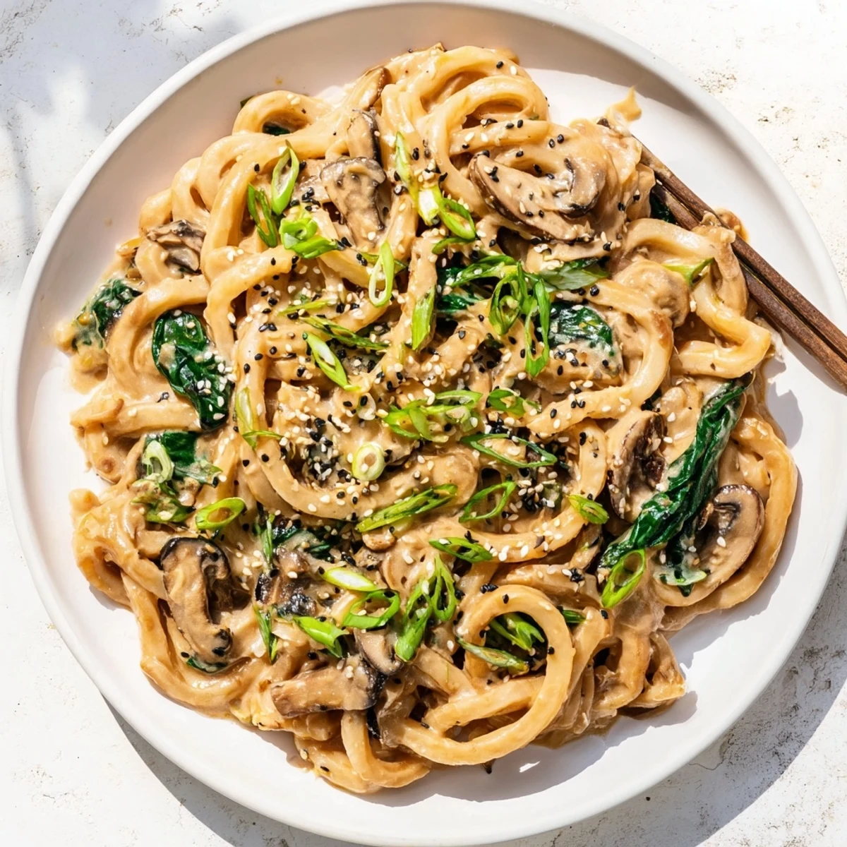 Japanese-inspired creamy miso udon bowl featuring vegetables in velvety sauce topped with green onions