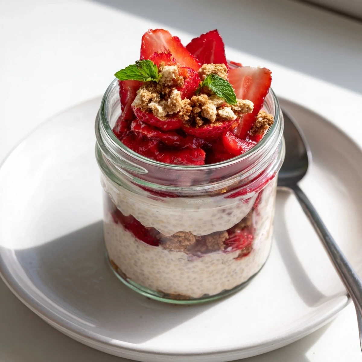 Creamy strawberry cheesecake chia pudding parfait with swirls of tangy cheesecake layer and bright red strawberry compote