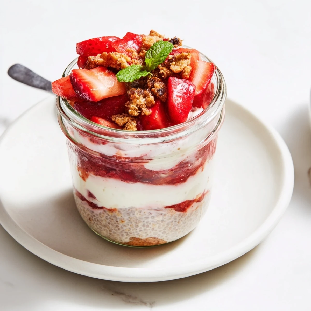 Layered strawberry cheesecake chia pudding in glass jar with fresh strawberry topping and graham cracker crumble