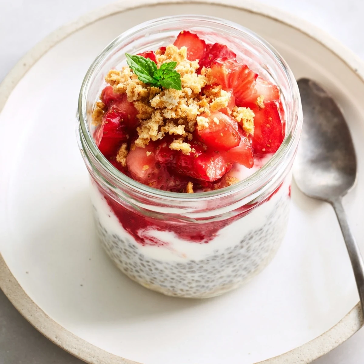 Close-up of strawberry cheesecake chia pudding showing three distinct layers topped with fresh sliced strawberries