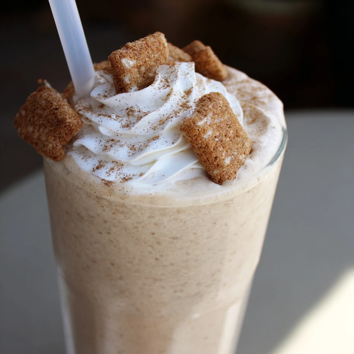 Tall glass of creamy Cinnamon Toast Crunch frappe topped with whipped cream and cereal sprinkles