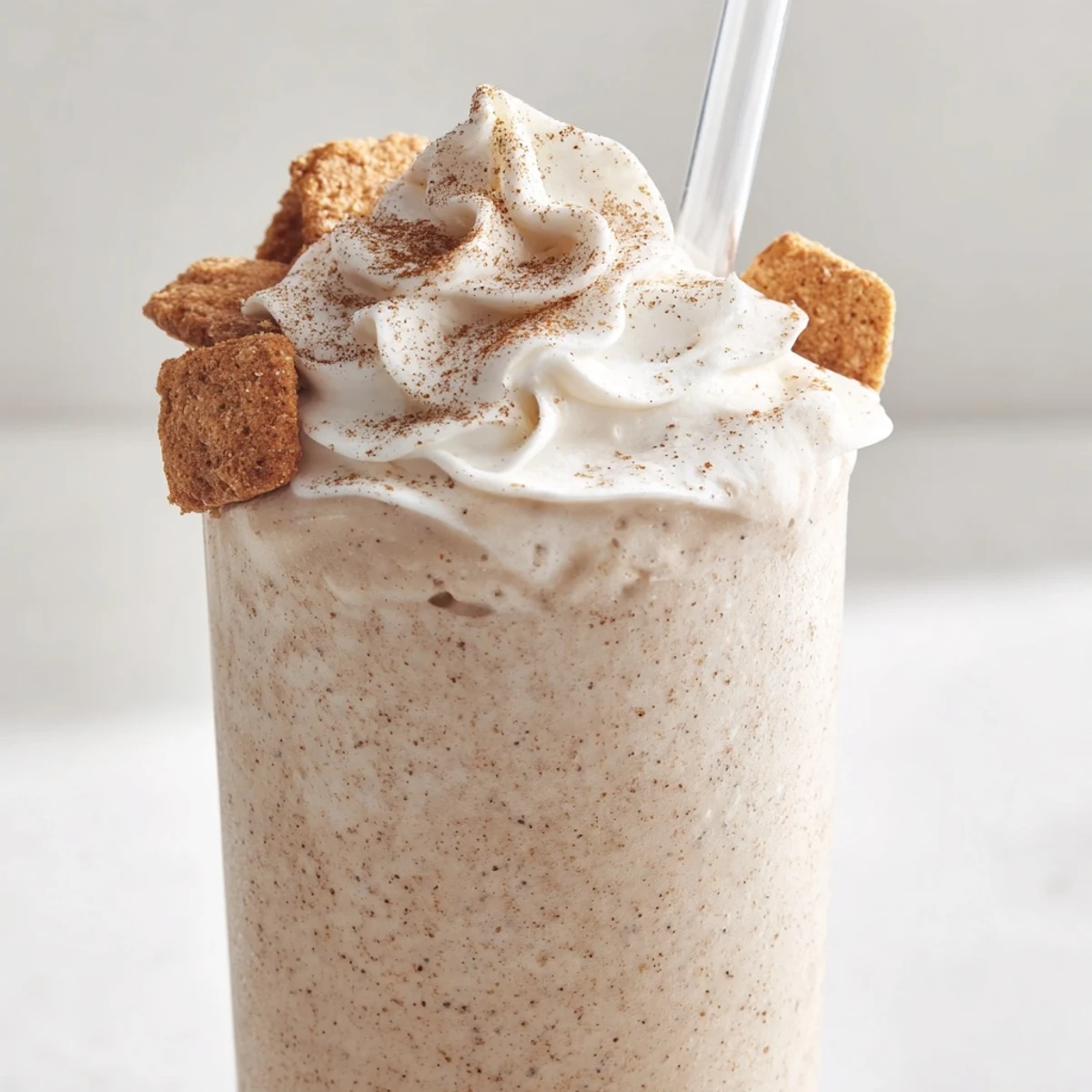 Iced Cinnamon Toast Crunch frappe in a clear glass showing the thick beige cinnamon swirls