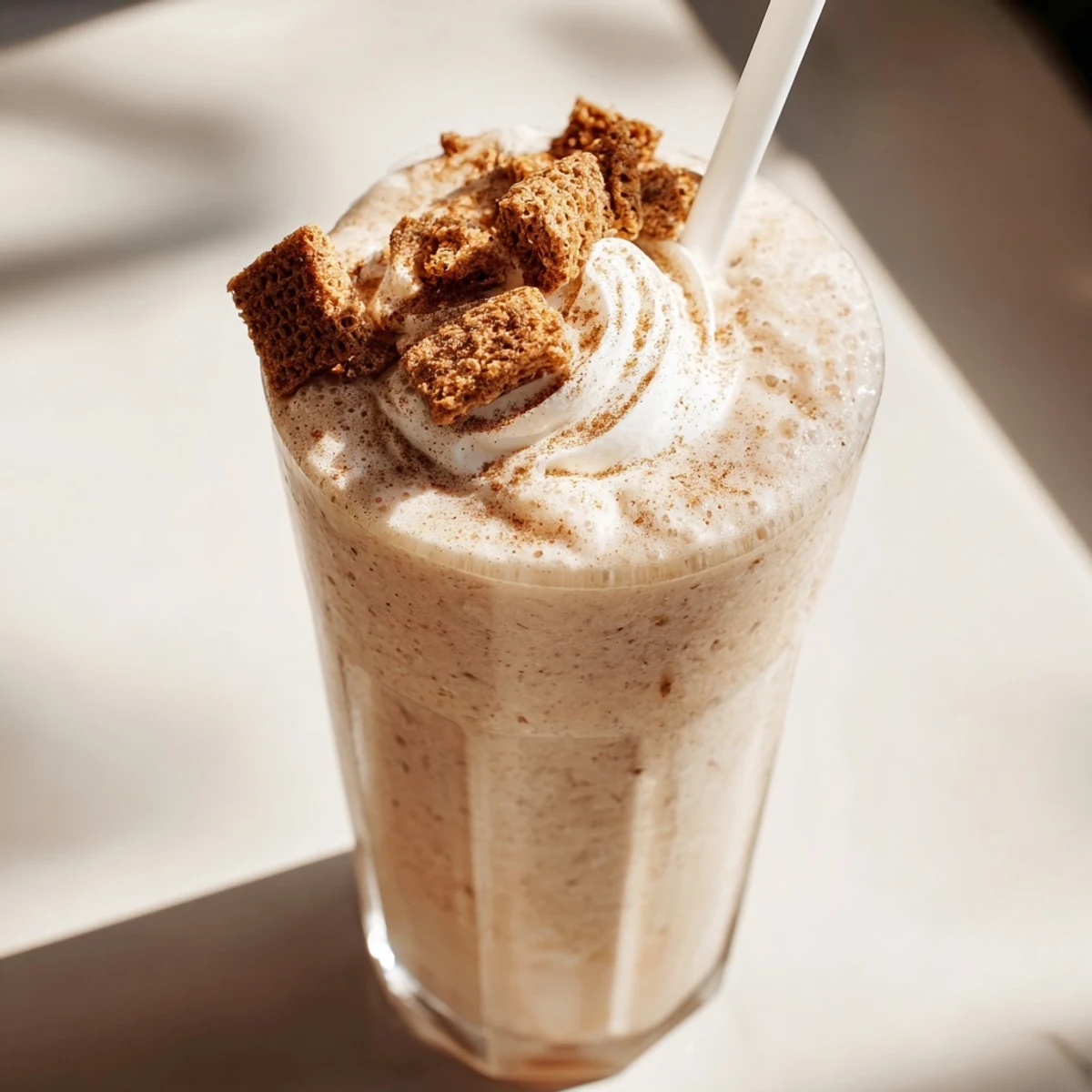 Frosty blended coffee drink with Cinnamon Toast Crunch cereal swirling in a frothy cinnamon mixture