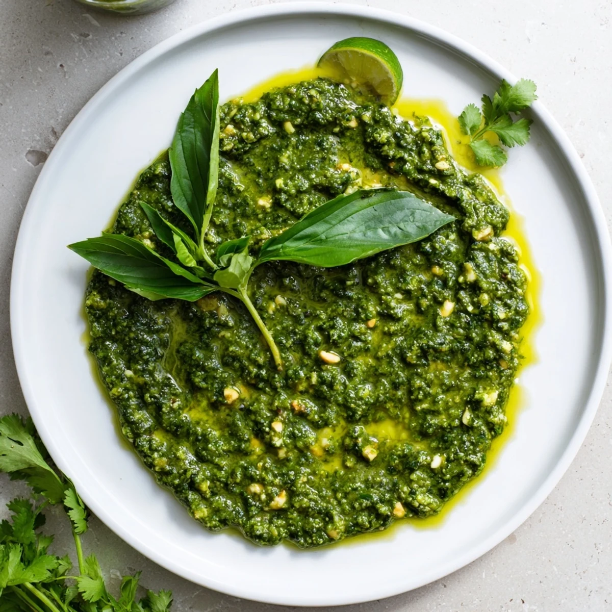 Vibrant green Thai basil pesto swirled on white plate with fresh basil leaf garnish