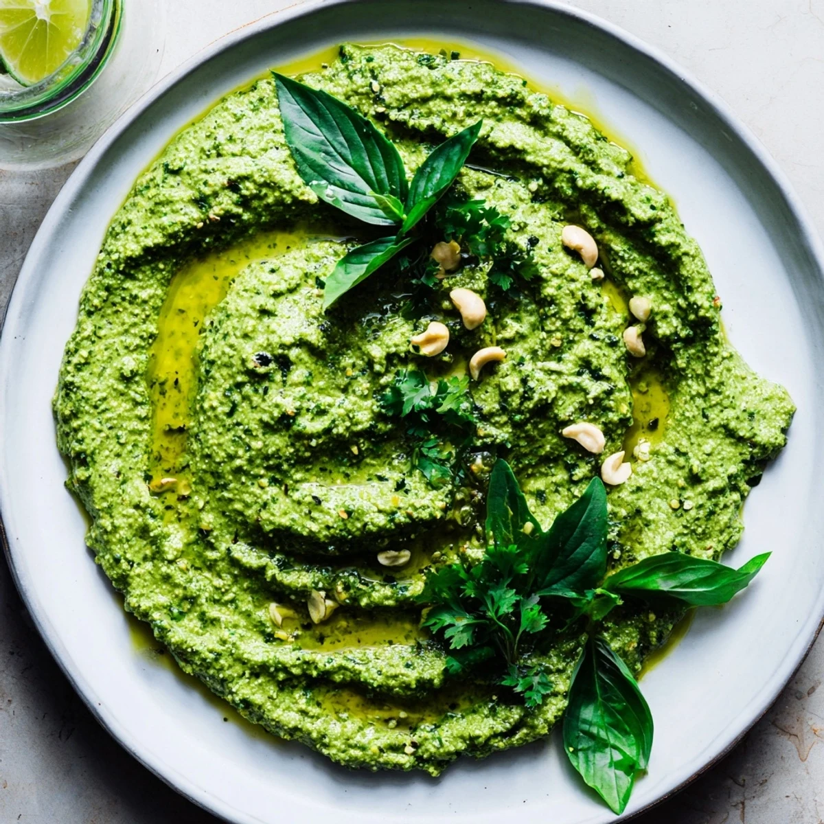Creamy Thai basil pesto draped over al dente pasta with roasted cashew topping