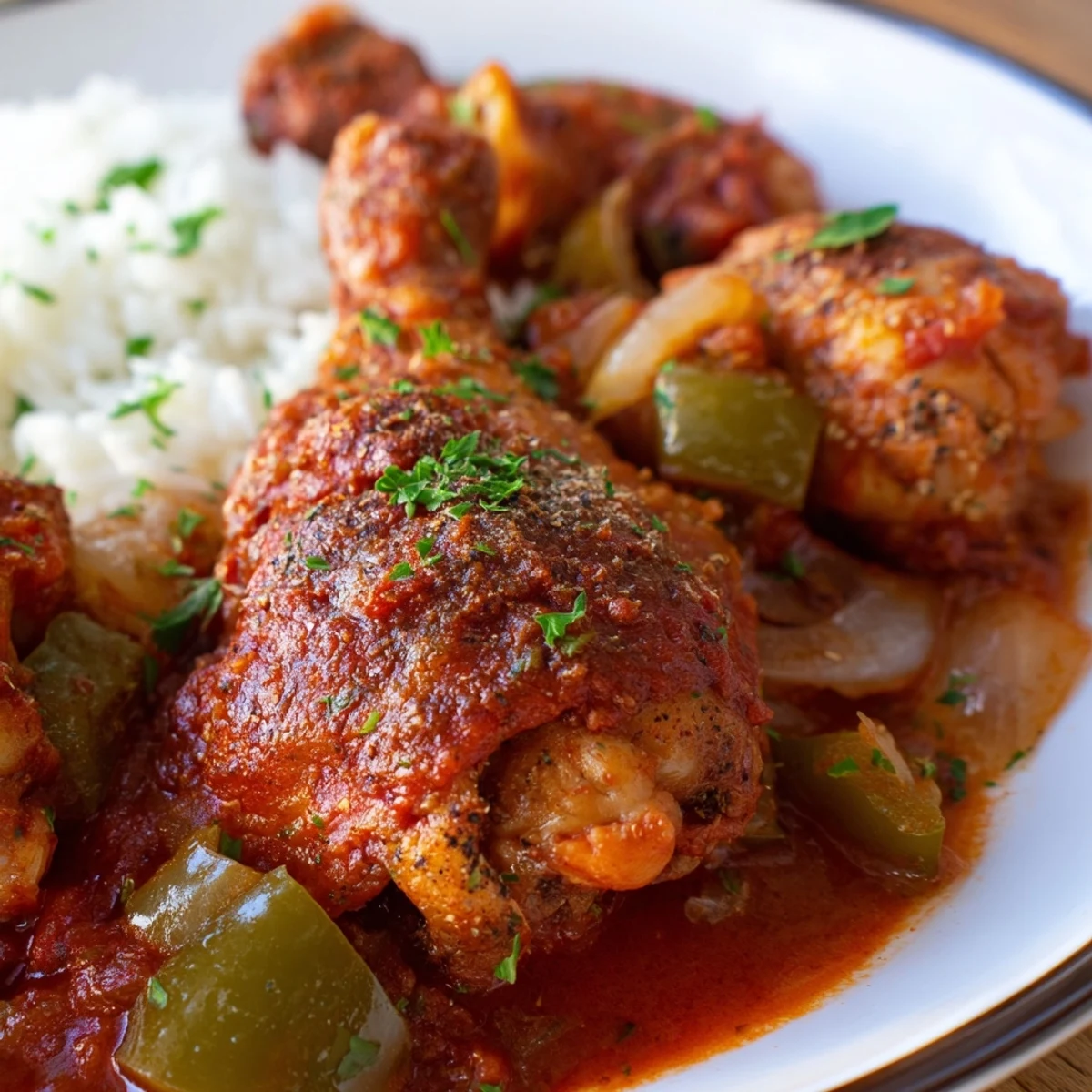 Golden chicken stewed Louisiana style served over fluffy white rice with fresh parsley garnish