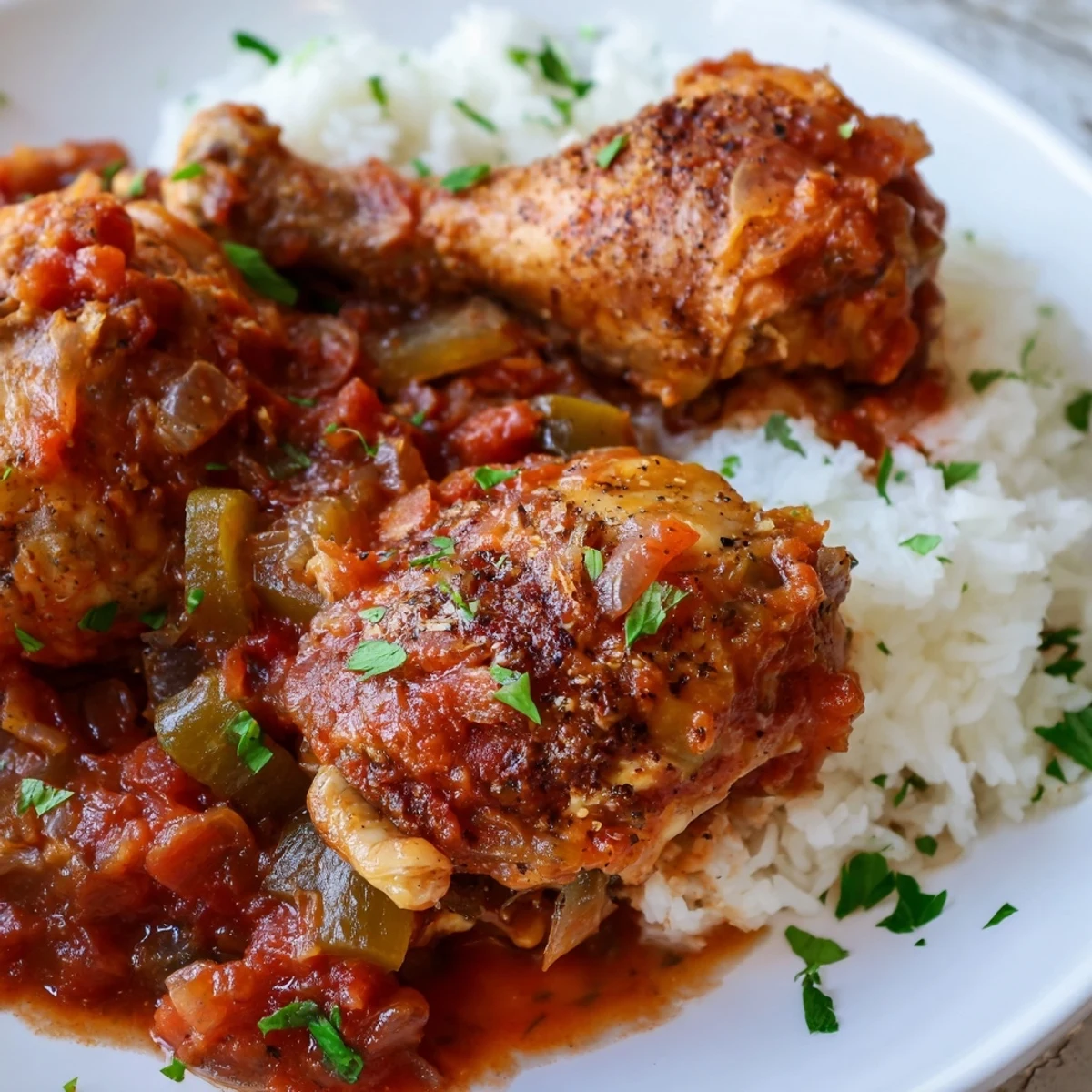 Hearty Creole chicken stew bubbling in a cast iron pot with tender vegetables