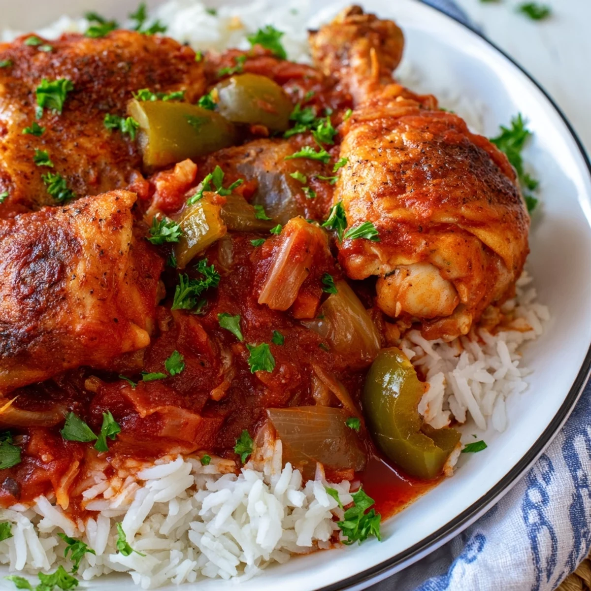 Savory tomato-based Louisiana style chicken stew ladled over steaming rice for a comforting meal