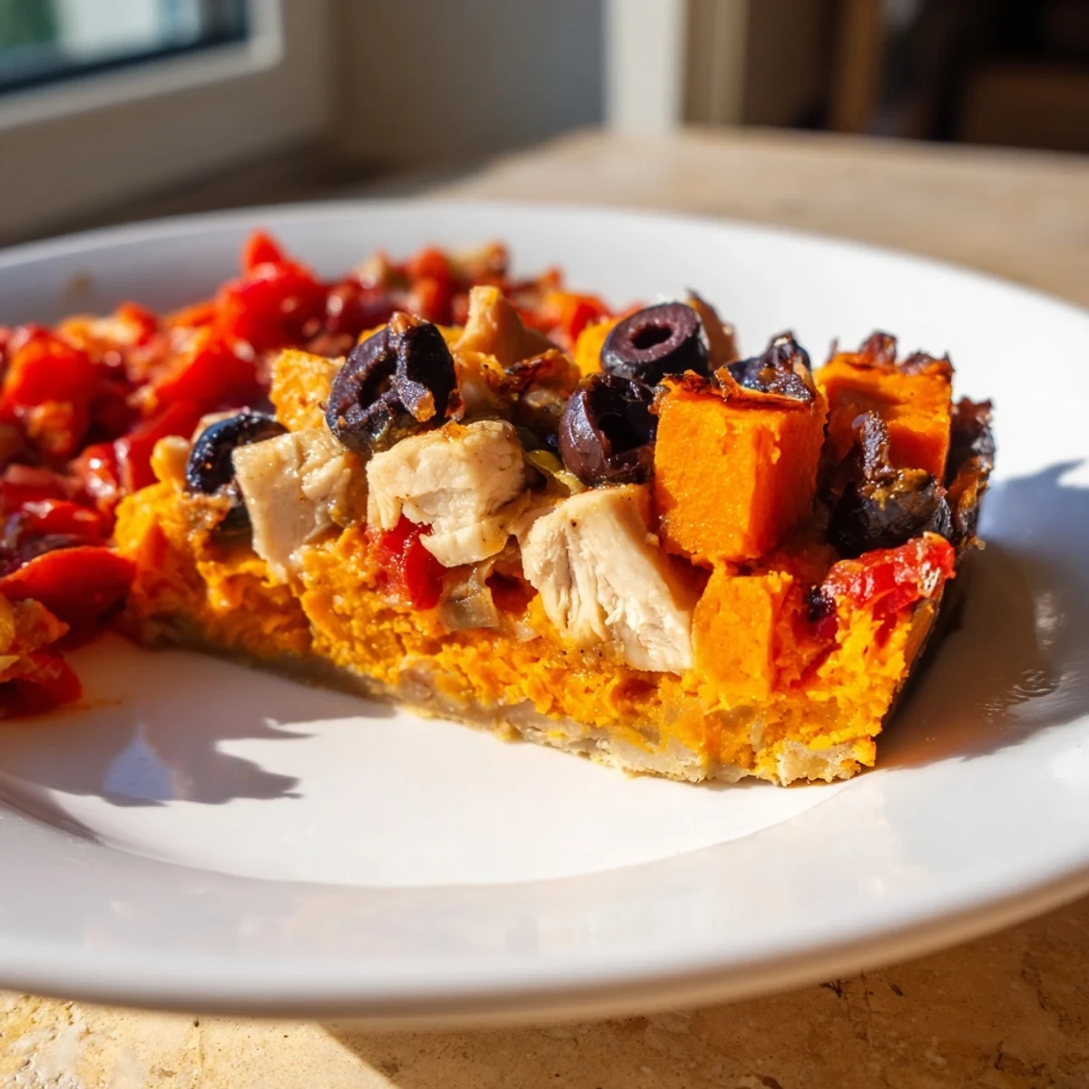 Golden sweet potato chicken pie with flaky crust topped with fresh tomato olive salsa